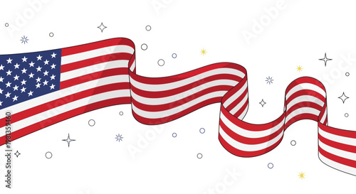 Waving American Flag Banner with Stars and Stripes Design.
