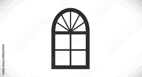 A simple black silhouette of a classic arched window with multiple panes of glass