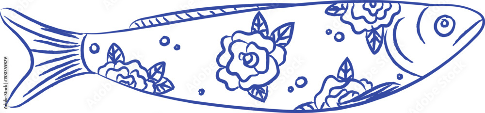 Naklejka premium Sardine With Floral Pattern Sketch