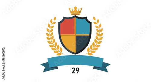 Colorful Shield with Crown and Laurel Wreath Emblem.