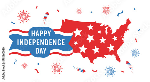 Happy Independence Day USA Map with Stars and Stripes Banner.