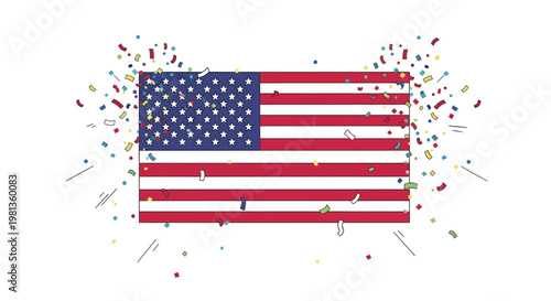 American Flag with Abstract Confetti Burst Design.