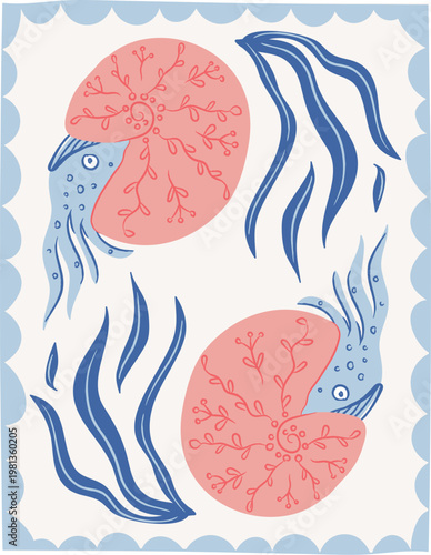 Nautilus Swimming With Seaweed Mattise Composition