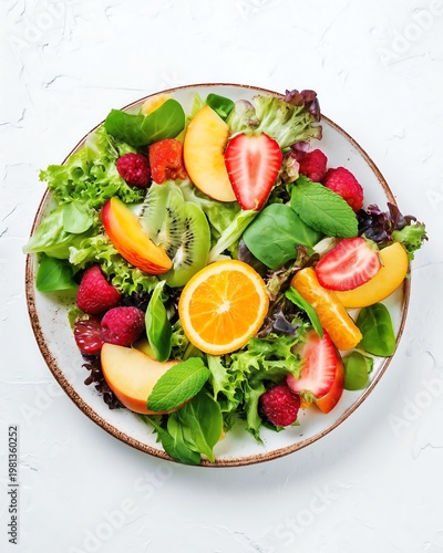 Vibrant Fresh Fruit and Greens Salad in Ceramic Bowl, Healthy Eating, Top View, White Background