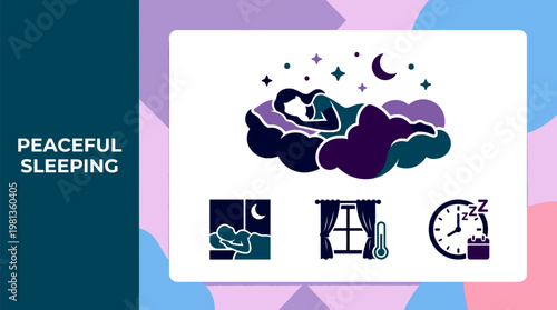 Peaceful Sleeping, Healthy Sleep Habits, Rest and Bedroom Comfort Icon Set