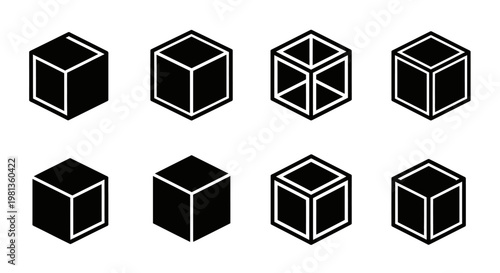 Geometric cubes in varying perspectives presented as a black silhouette