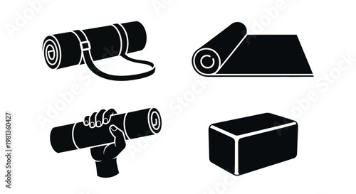 Yoga equipment including mat strap hand and block in silhouette