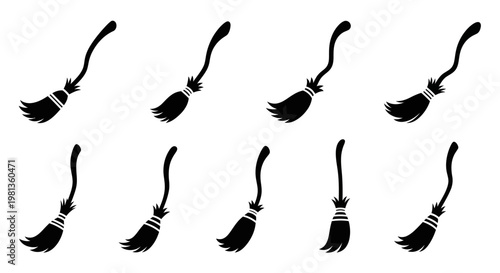 Nine black witch brooms arranged in a grid stark silhouette