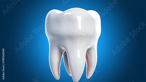 Clean white tooth rotating slowly with glossy enamel surface under soft blue lighting, showcasing healthy dental structure in a smooth medical animation loop