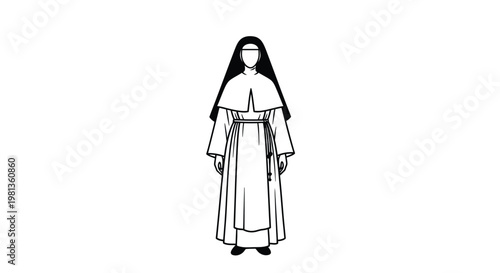 A simple black and white illustration depicts a nun in traditional religious habit facing forward