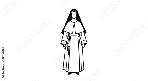 A simple black and white illustration depicts a nun in traditional religious habit facing forward