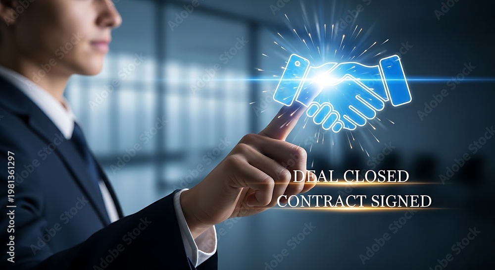 Obraz premium Deal closure concept. A sales professional's hand touches a handshake icon on a hologram, which emits a glow to confirm a 'deal' or 'contract'.