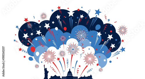 Vibrant patriotic fireworks display with stars and bursts.