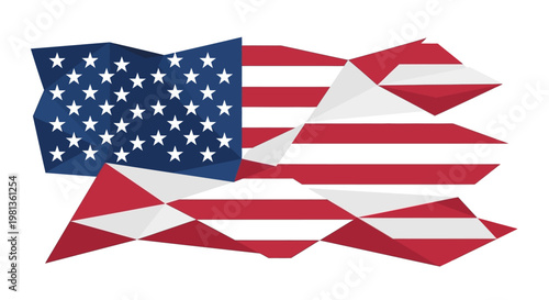 Abstract geometric American flag design with patriotic colors and fragmented shapes.