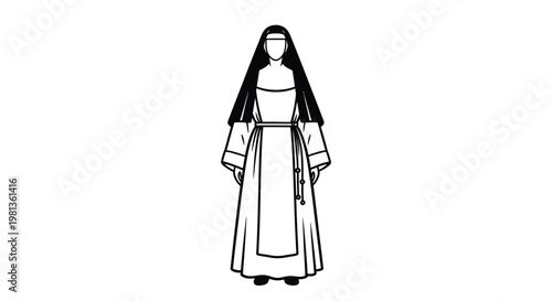 A minimalist black and white illustration depicting a traditionally dressed nun in full habit