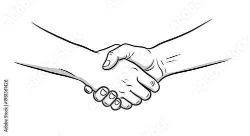 A simple black and white sketch depicts two hands firmly shaking symbolizing agreement and partnership