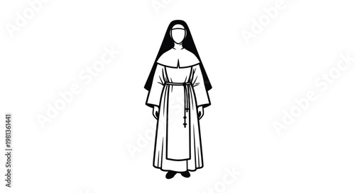 A simple black and white illustration depicts a traditionally dressed nun in a full habit