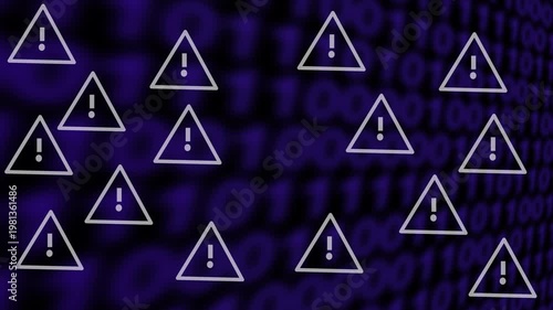 Digital security warning concept with white exclamation mark icon and binary code background representing cyber threats and data breach.