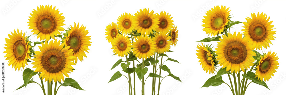 Naklejka premium Sunflower Helianthus annuus Bouquet Set Isolated on White Background, Yellow Sunflowers Collection with Green Leaves and Stems for Floral Design, Realistic Summer Flower 3D Rendering