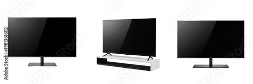 Modern LED Smart TV and Monitor Screen Set Isolated on White Background, Realistic Black Flat Television Display Collection with Stand, Home Media Entertainment 3D Rendering