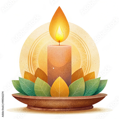 A serene vector graphic of a lit candle in a decorative bowl with lotus flowers