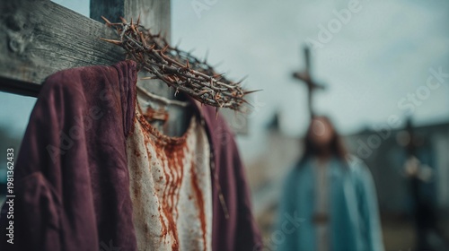 Somber cinematic still life of an ornate blood-stained crown of thorns draped alongside a deep royal purple robe over the rough-hewn crossbeam of Jesus Christ's cross, with two distant crosses barely