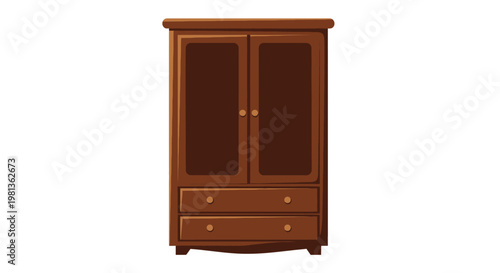 A cartoon illustration depicts a classic dark brown wooden wardrobe with two doors and drawers