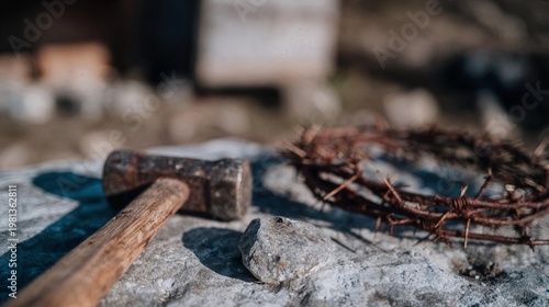 Dramatic Calvary still life close-up on the rocky ground of Golgotha showing a heavy rough-hewn wooden cross lying flat beside a rusted iron hammer and three iron spikes, the entire assemblage