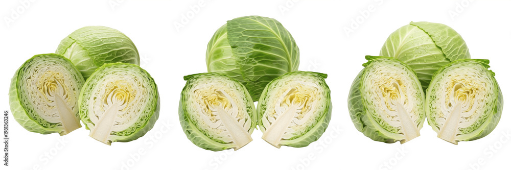 Obraz premium Fresh Whole and Halved Green Cabbage Collection Isolated on White Background - Vibrant Raw Small Cabbages and Cross-Section Slices for Healthy Cooking Recipes and Food Design Graphics