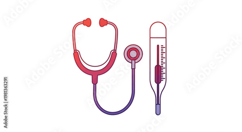A vibrant illustration showcases a stethoscope and a thermometer representing medical tools and healthcare concepts