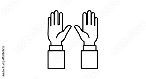 A minimalist line drawing depicts two hands raised with open palms facing forward