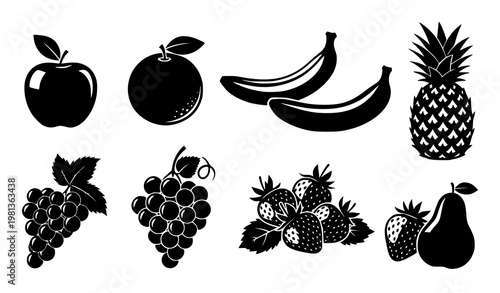 Fruit silhouette vector set apple banana pineapple grape collection isolated on white