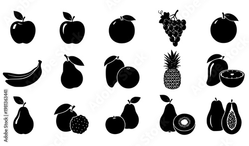 Fruit silhouettes vector set food and nutrition icon collection isolated on white