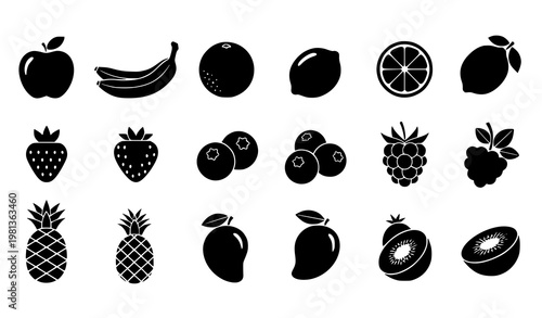 Fruit icon collection vector silhouette healthy food set isolated on white background