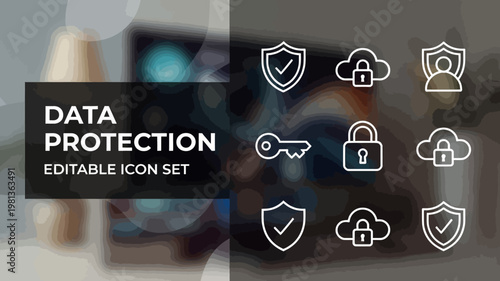 A selection of minimalist white outline data protection icons is displayed over a softly blurred office environment.