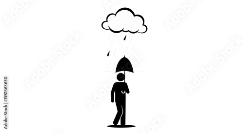 Person with Umbrella Under Rain Cloud, Simple Icon Illustration