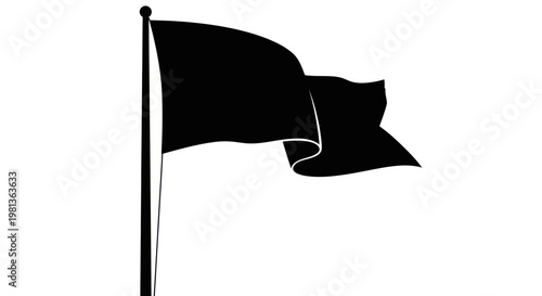 Waving Black Flag on Pole Isolated on White Background