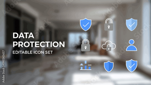 A selection of blue and gray data protection icons overlays a softly blurred modern office interior.
