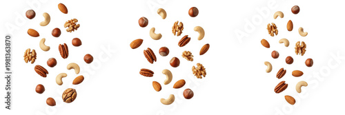 Bilde på lerret Falling Mixed Nuts Including Almonds, Walnuts, Cashews, Hazelnuts, and Pecans Isolated on White Background for Healthy Snack Concept, Organic Food Nutrition, and Culinary Design