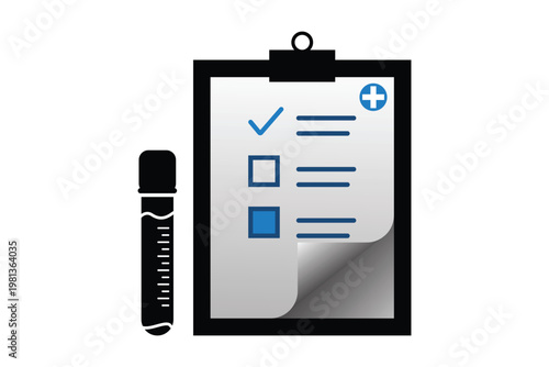 medical test result clipboard with checklist and blood sample tube icon for healthcare analysis isolated on transparent background
