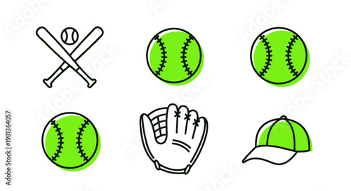 Baseball Equipment Icon Set: Bat, Ball, Glove, and Cap - Clean Vector Graphics