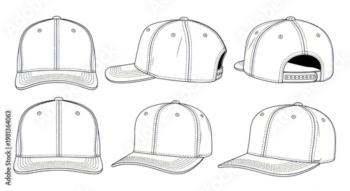 Baseball Cap Mockup Set: Front, Side, Back Views, Hand Drawn Sketch Style
