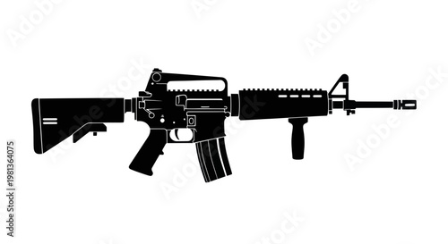 Black silhouette of an assault rifle on a white background, weapon icon, military concept