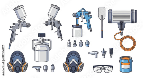 Painting Tools and Safety Gear Collection: Sprayers, Masks, Goggles, Paint Can