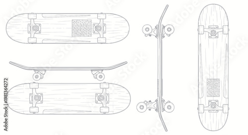 Skateboard Design Elements: Top, Side, and Bottom Views - Line Art Illustration