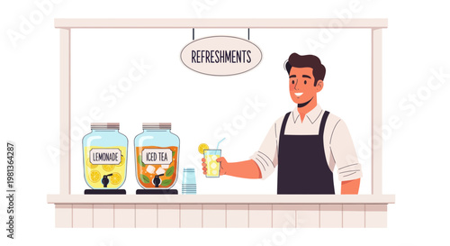 Smiling Bartender Serving Refreshing Lemonade and Iced Tea at a Stand