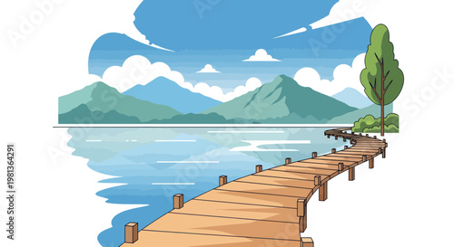 Wooden Pier Extending to Calm Lake with Mountain Backdrop and Cloudy Sky
