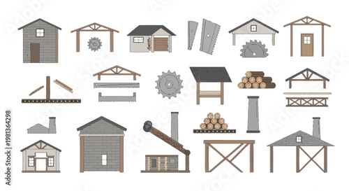 Woodworking Workshop Elements: Buildings, Tools, and Materials