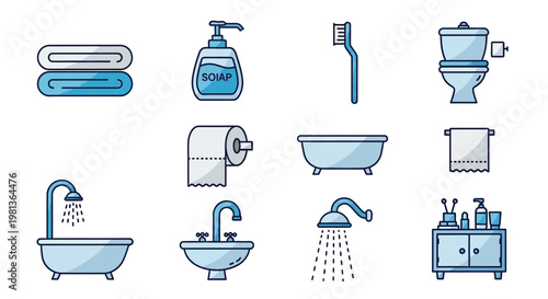 A collection of blue line art icons depicting various bathroom fixtures and personal hygiene items