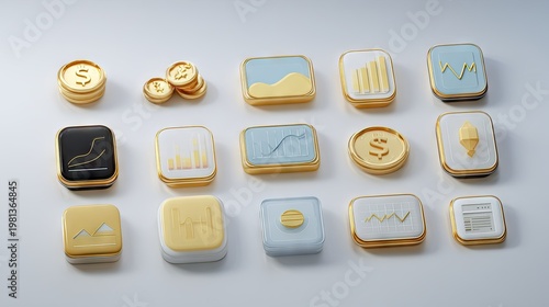 Three dimensional stylized icons representing finance growth and data visualization are displayed on a light surface